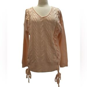 Women's V-Neck Cable Knit Sweater - Peach